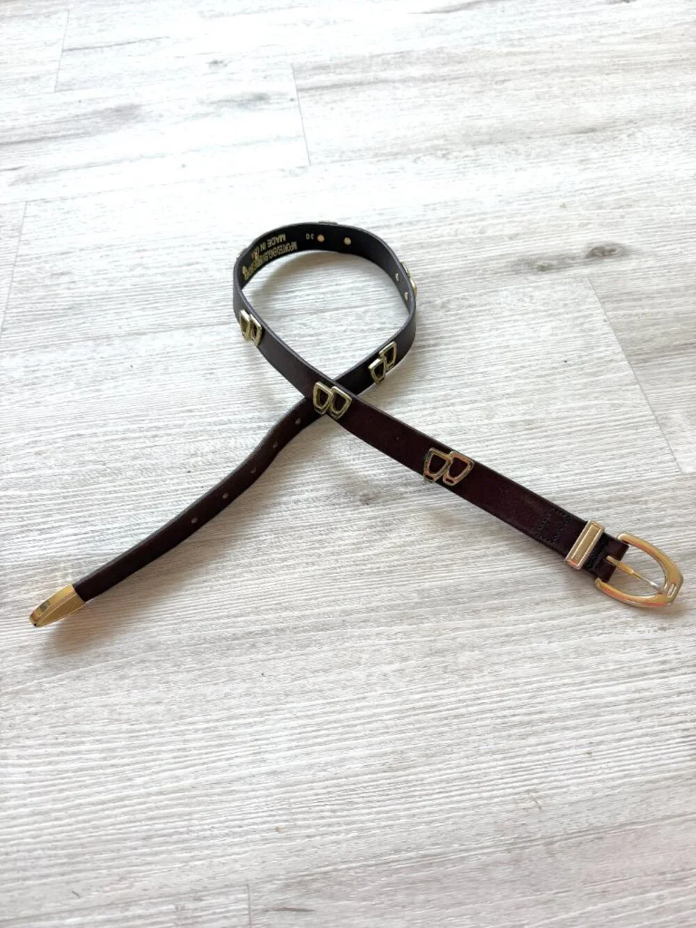 Vintage Brown Leather Belt Gold Western Boho One Inch Width Boho Size 30 - Picture 5 of 13